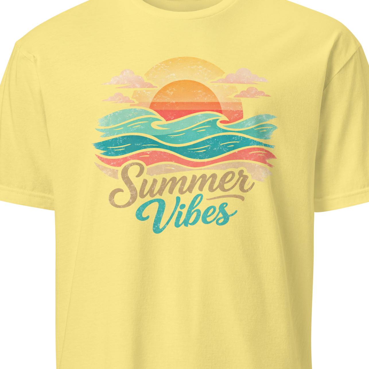 Yellow t-shirt with 'Summer Vibes' graphic design