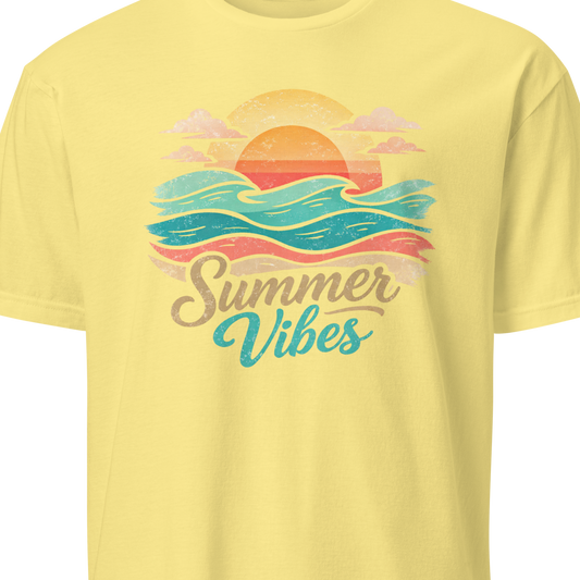 Yellow t-shirt with 'Summer Vibes' graphic design