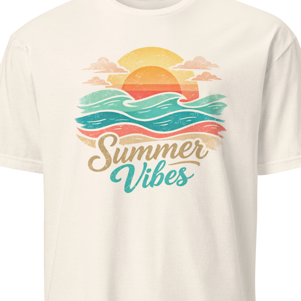 Beige t-shirt with 'Summer Vibes' graphic design featuring a sunset and waves 