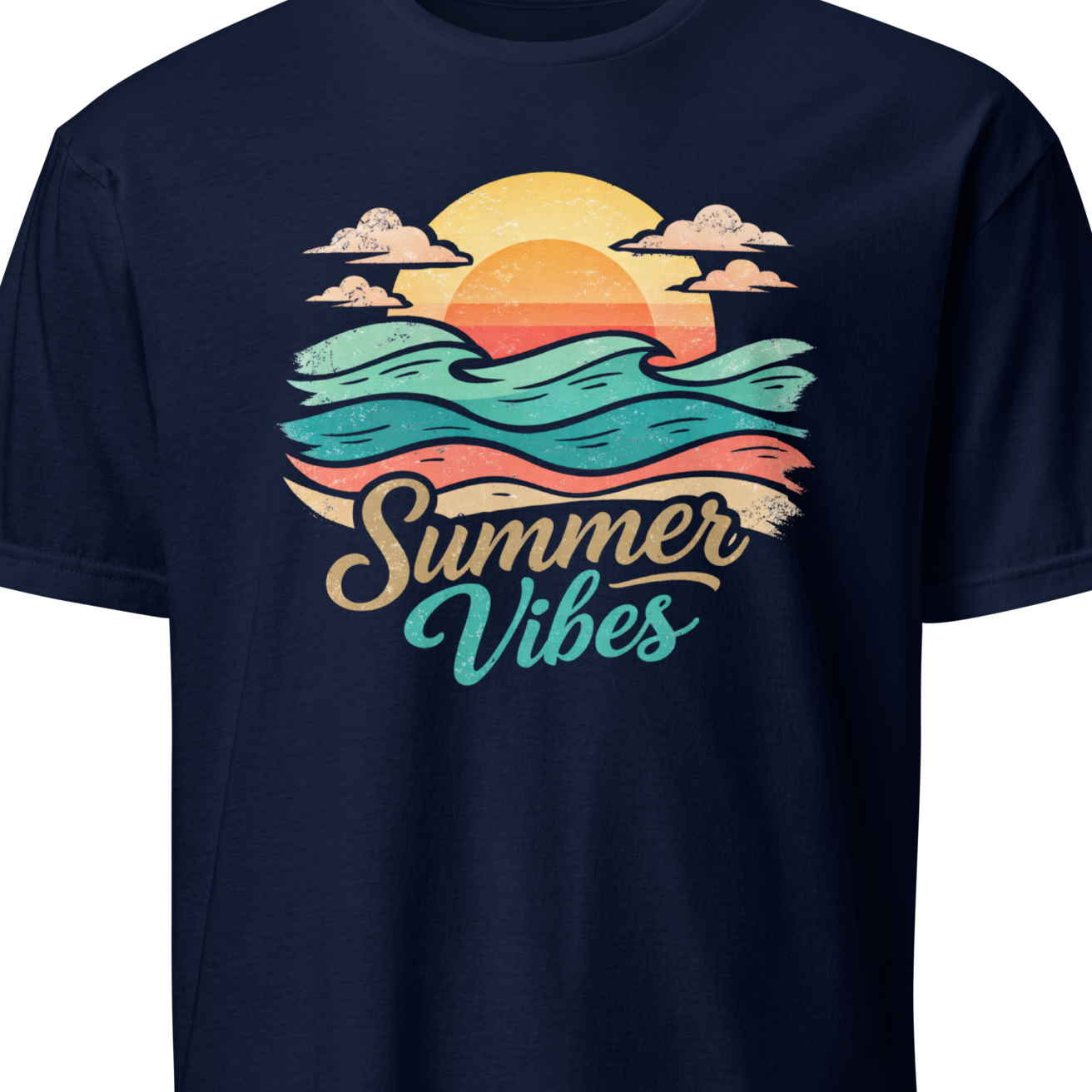 Navy blue t-shirt with 'Summer Vibes' graphic design 