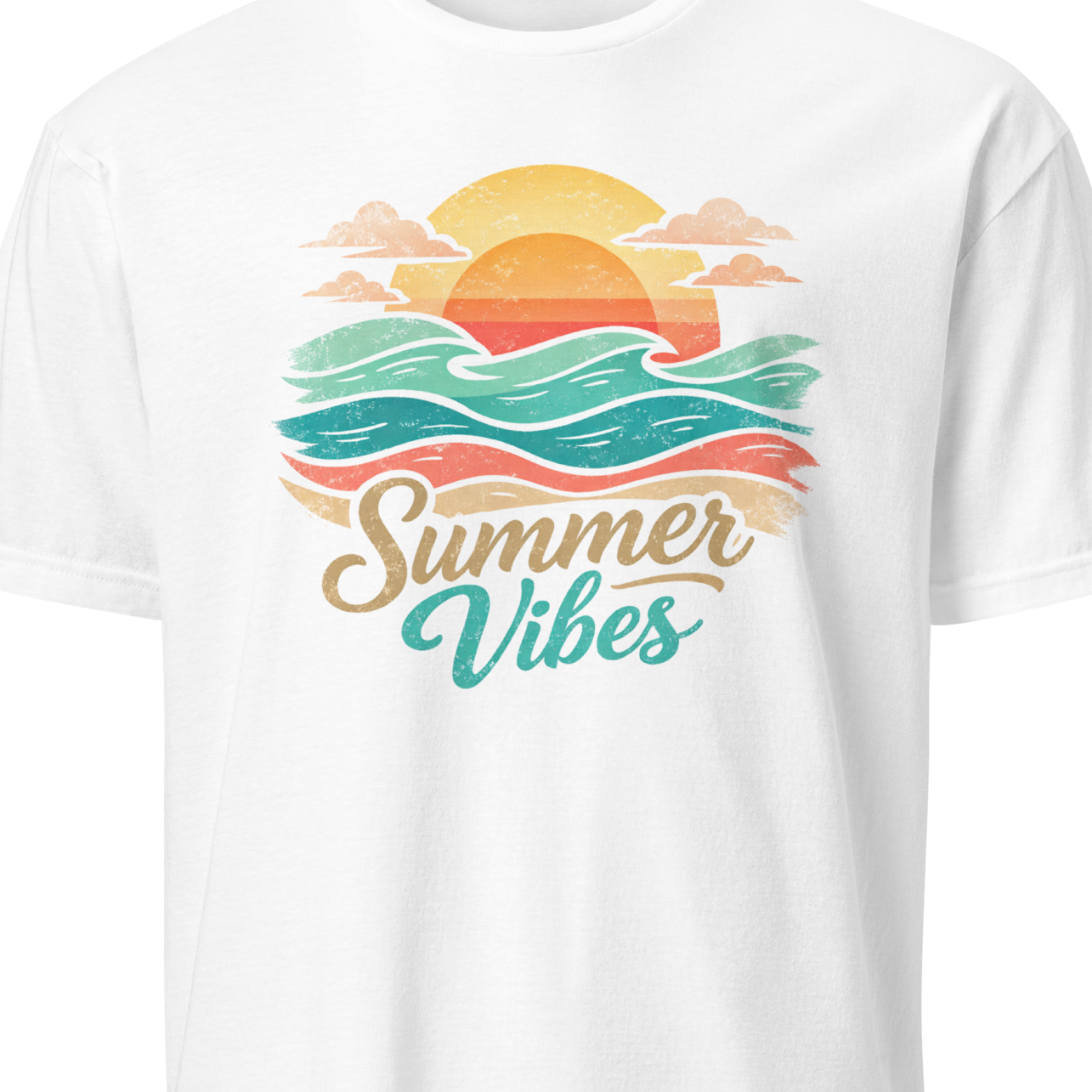White t-shirt with 'Summer Vibes' graphic design featuring a sunset and waves 