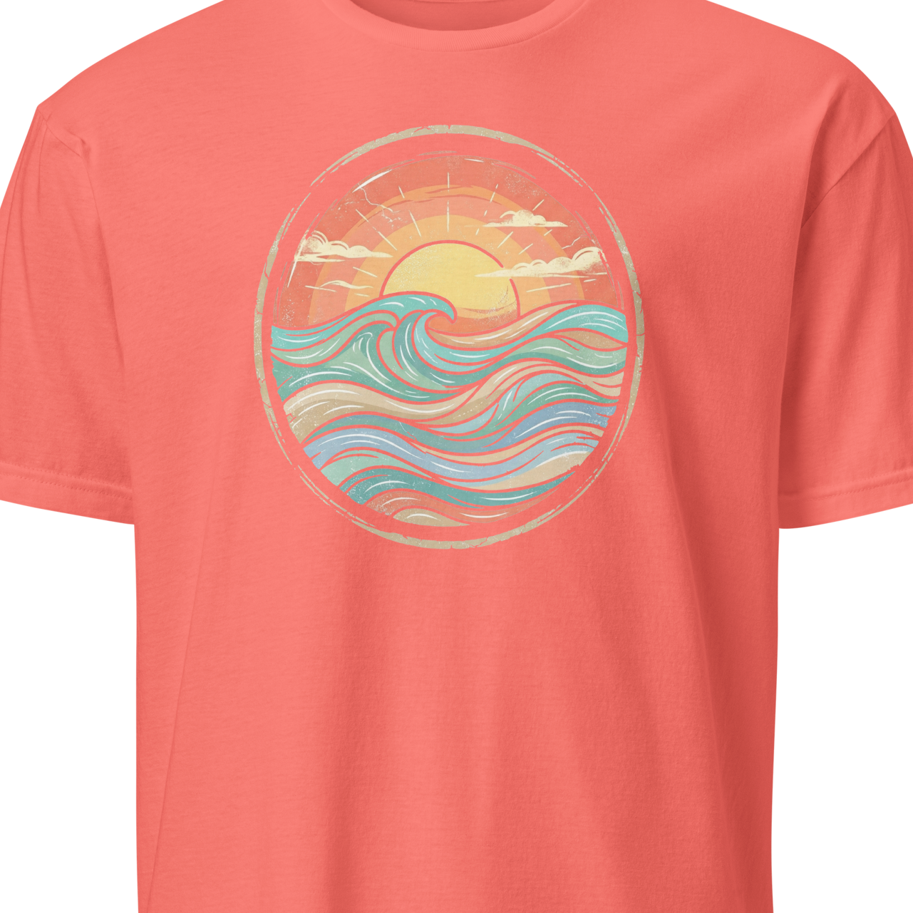 Coral t-shirt with a wave and sun graphic 