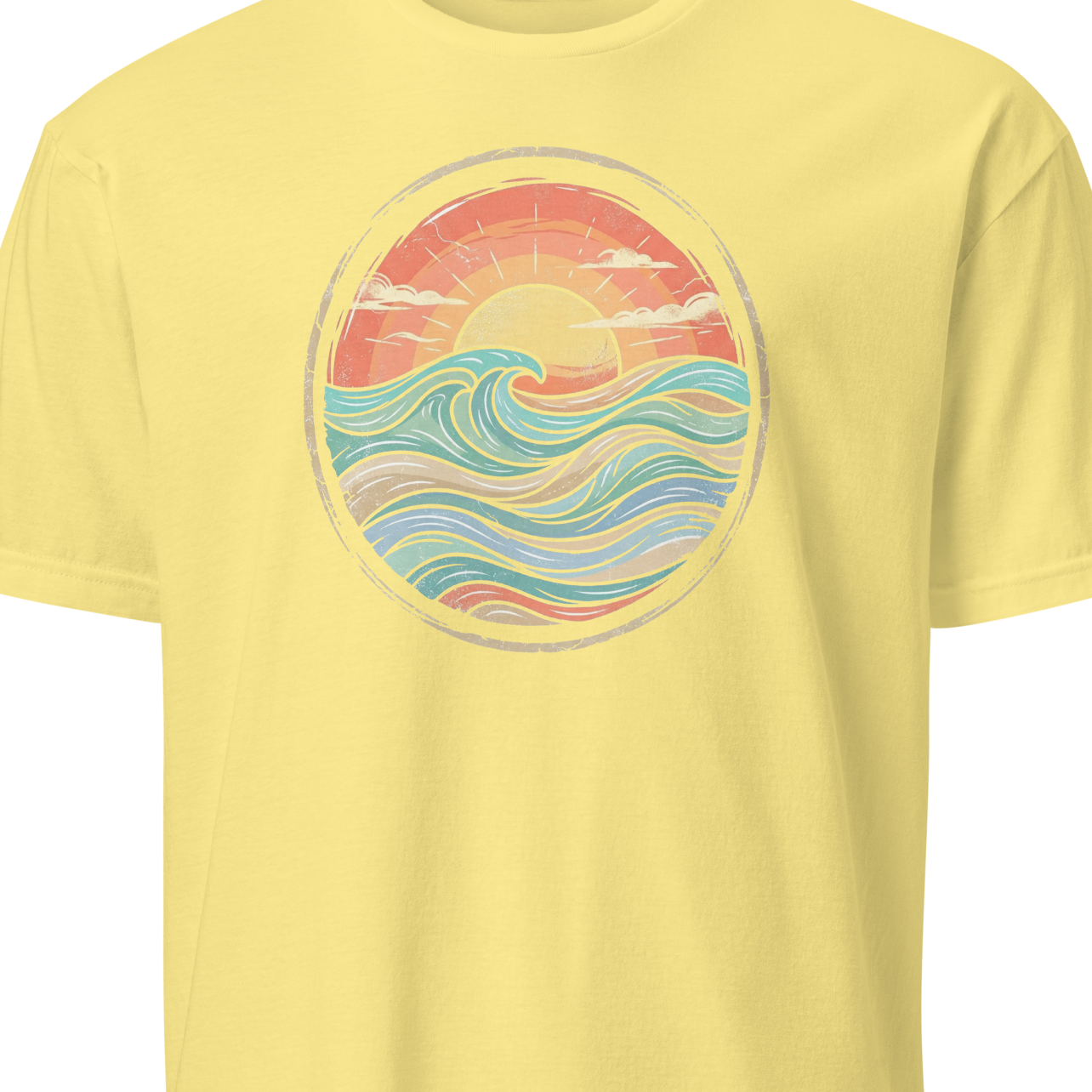 Yellow t-shirt with a colorful wave design 