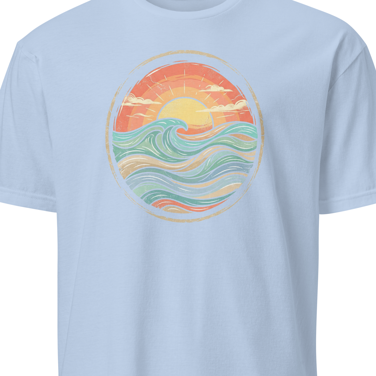 Light blue t-shirt with a colorful wave and sun graphic