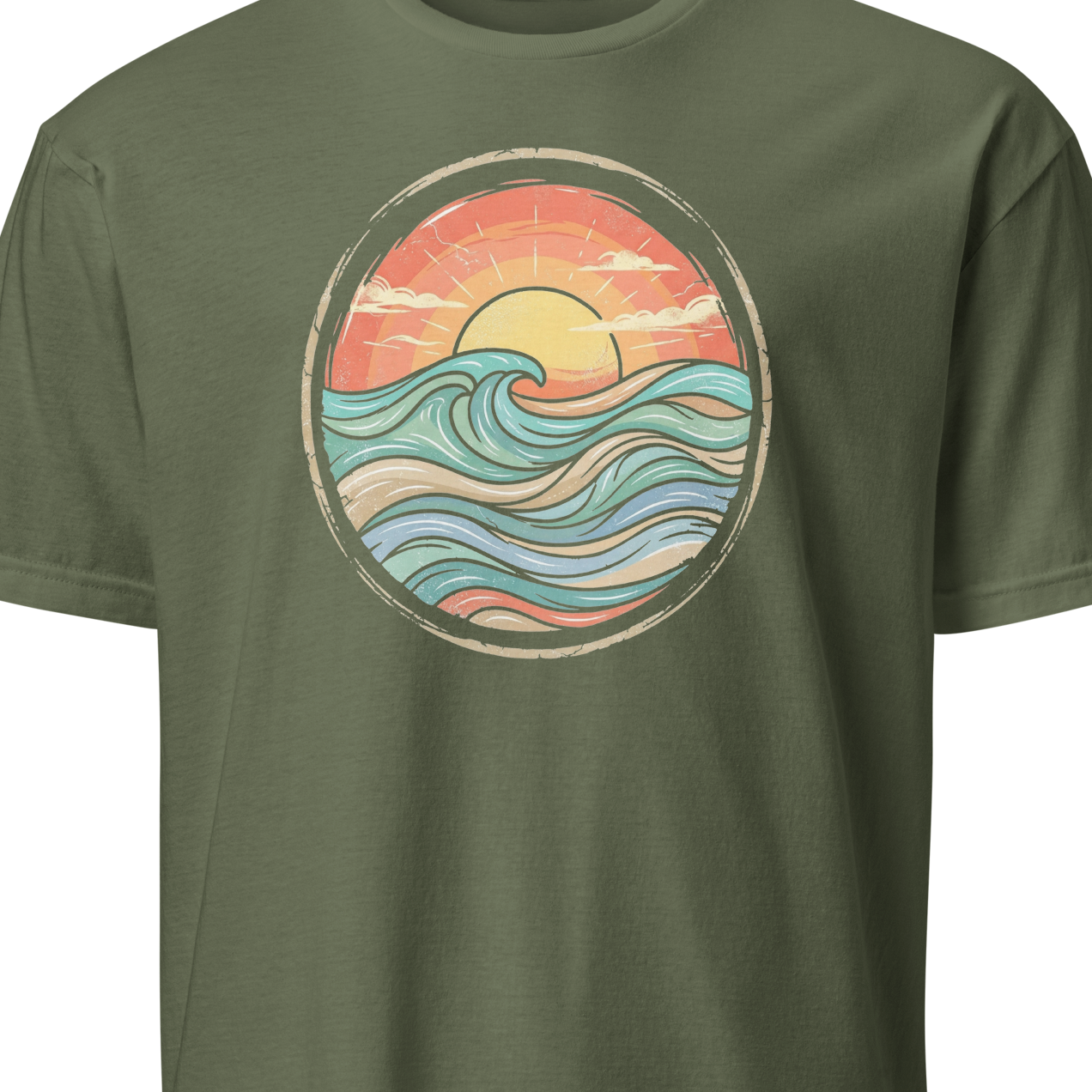 Green t-shirt with a colorful wave design
