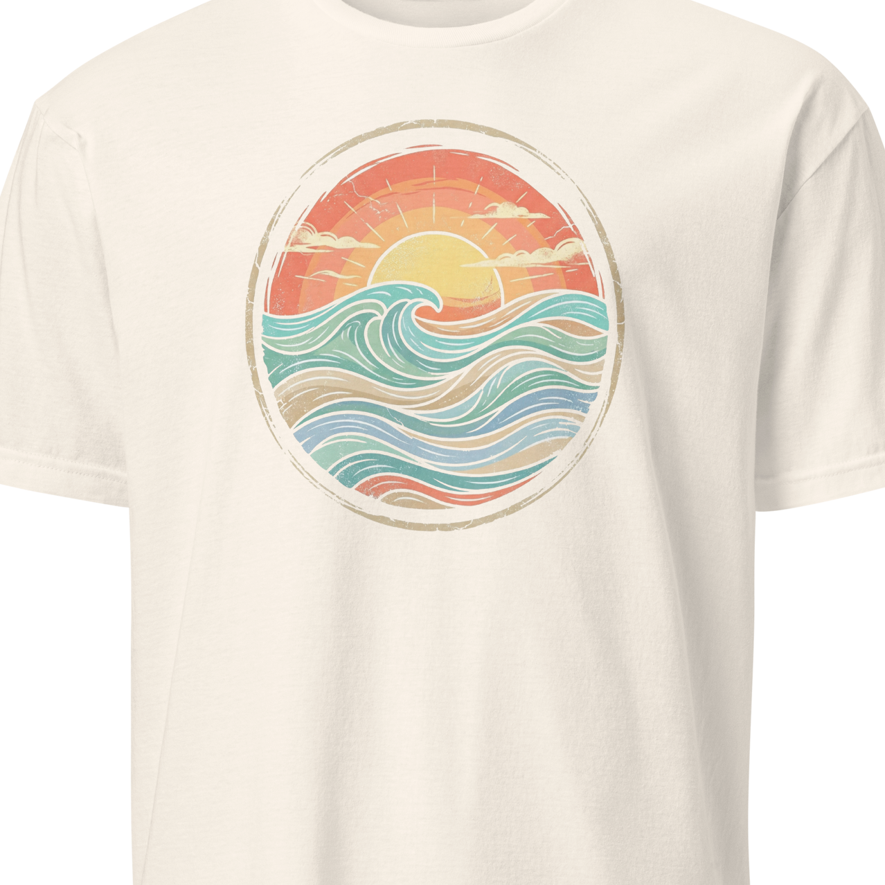 Beige t-shirt with a colorful wave design