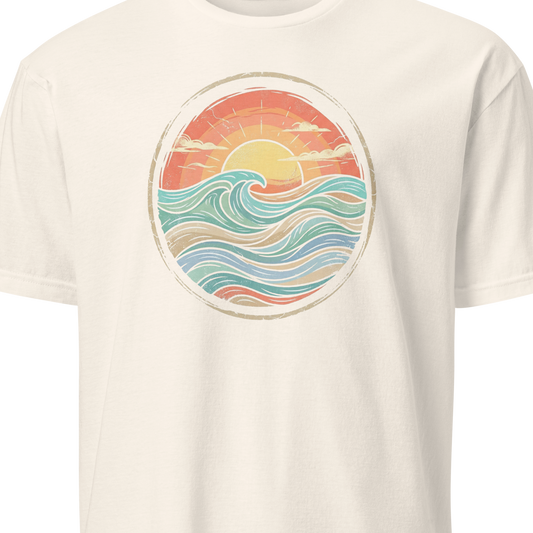 Beige t-shirt with a colorful wave design