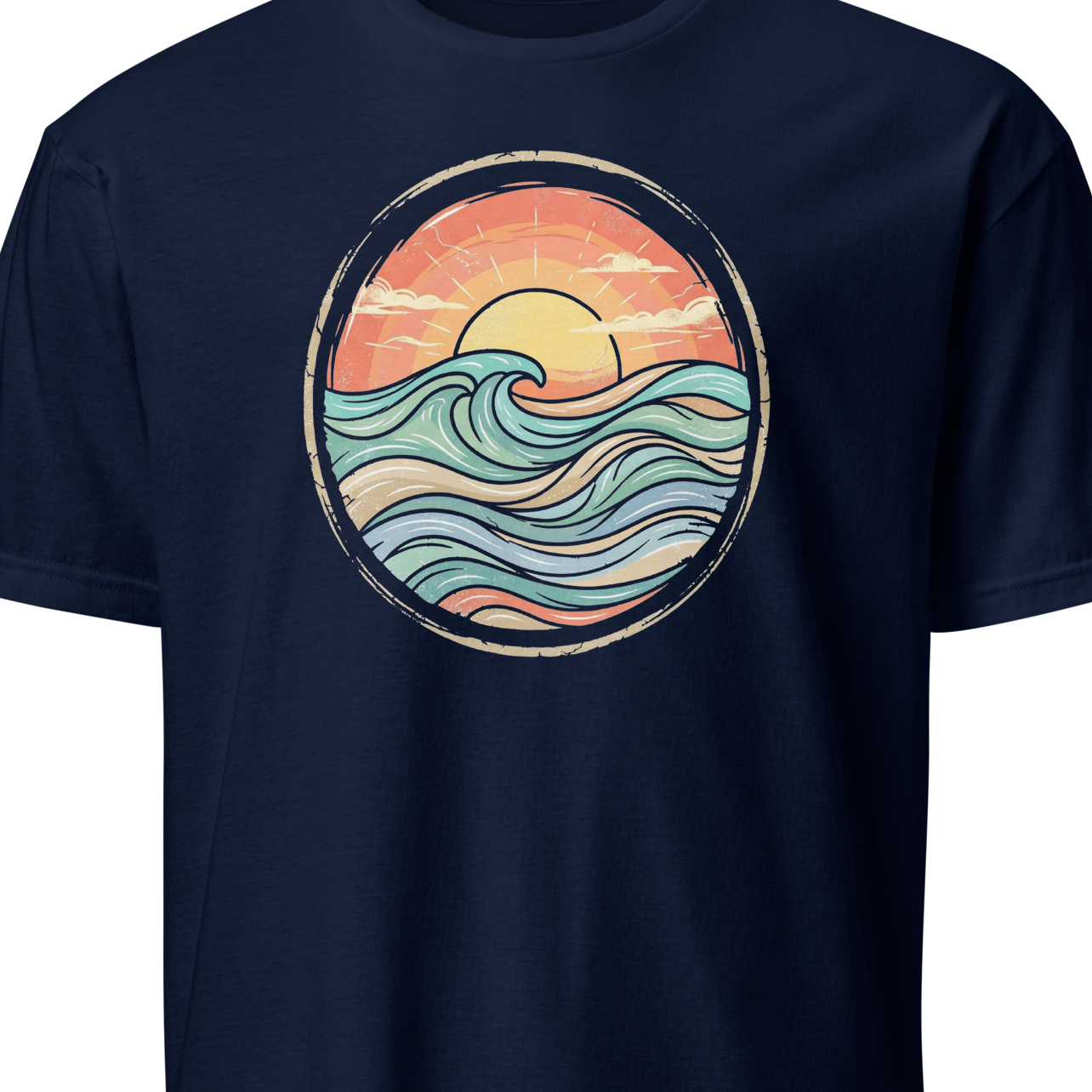 Navy blue t-shirt with a circular design of waves and a sun