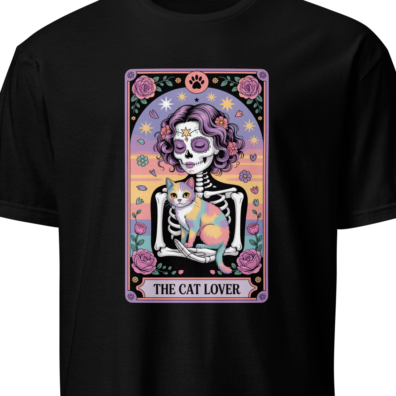 Black t-shirt with a colorful graphic of a skeleton holding a cat and the text 'The Cat Lover' 