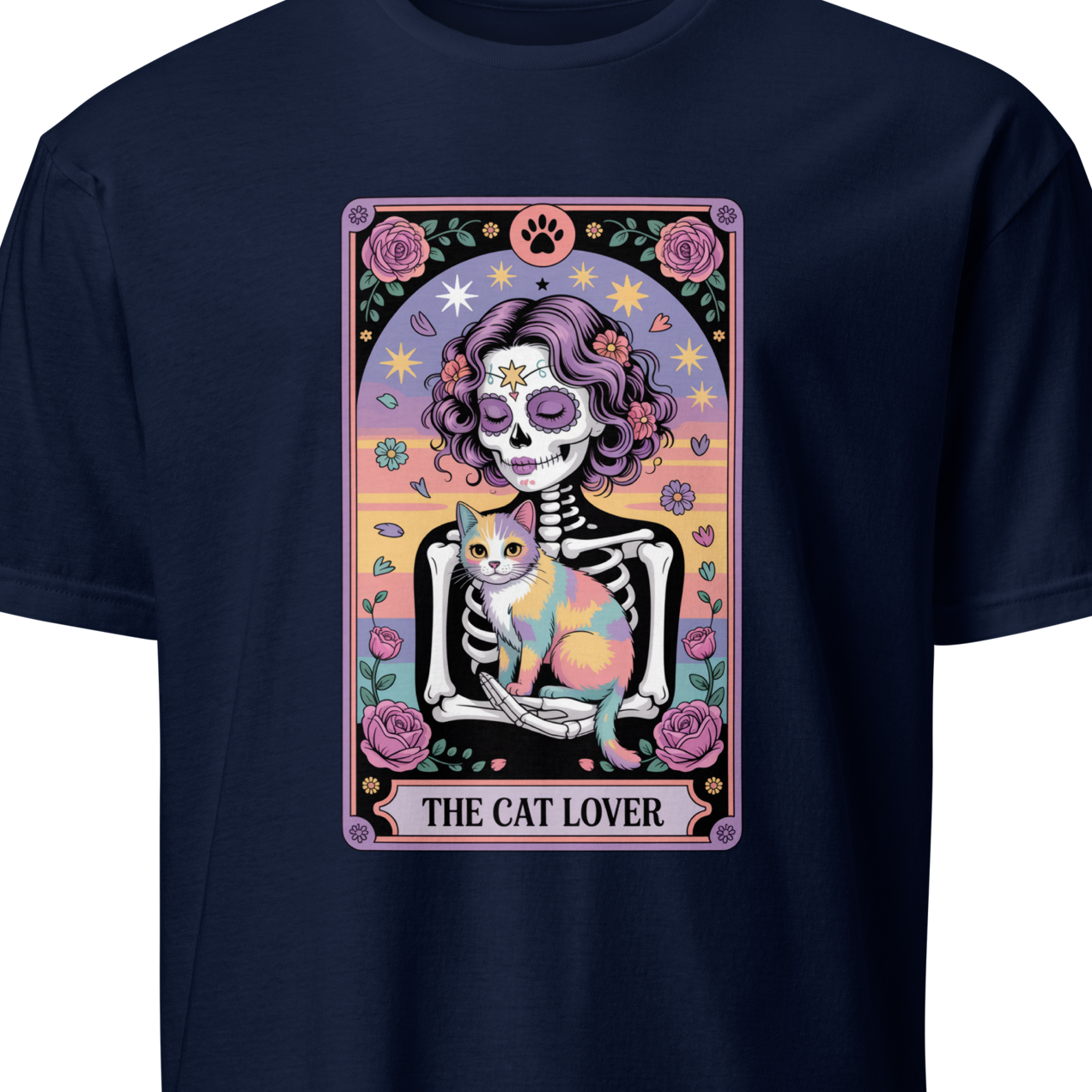 Navy blue t-shirt with a colorful graphic of a skeleton holding a cat and the text 'The Cat Lover' 