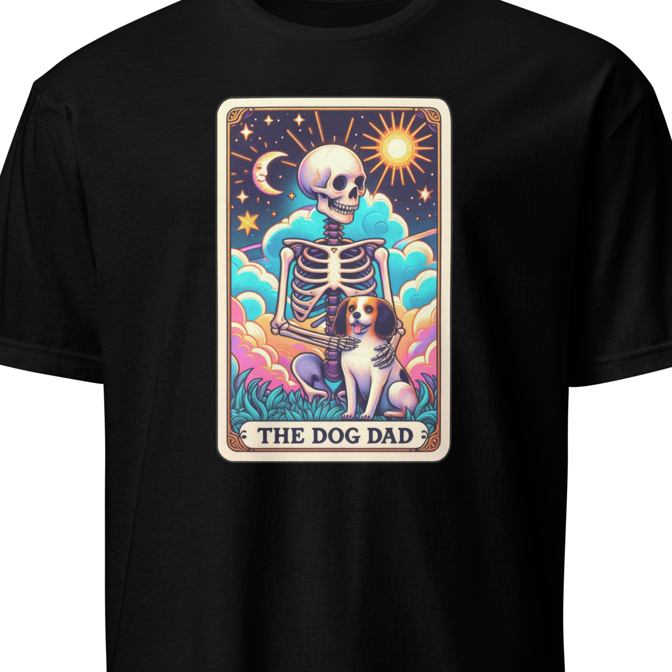 Black t-shirt with 'The Dog Dad' graphic design featuring a skeleton and dog 