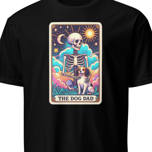 Black t-shirt with 'The Dog Dad' graphic design featuring a skeleton and dog 