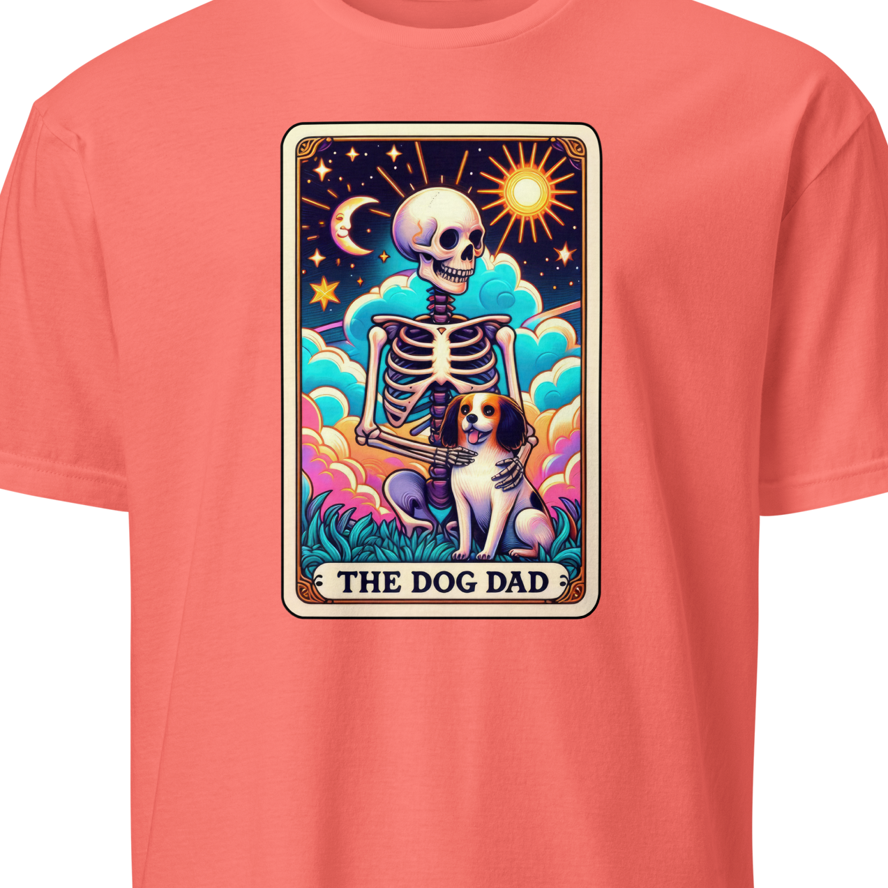 Coral t-shirt with 'The Dog Dad' graphic design 