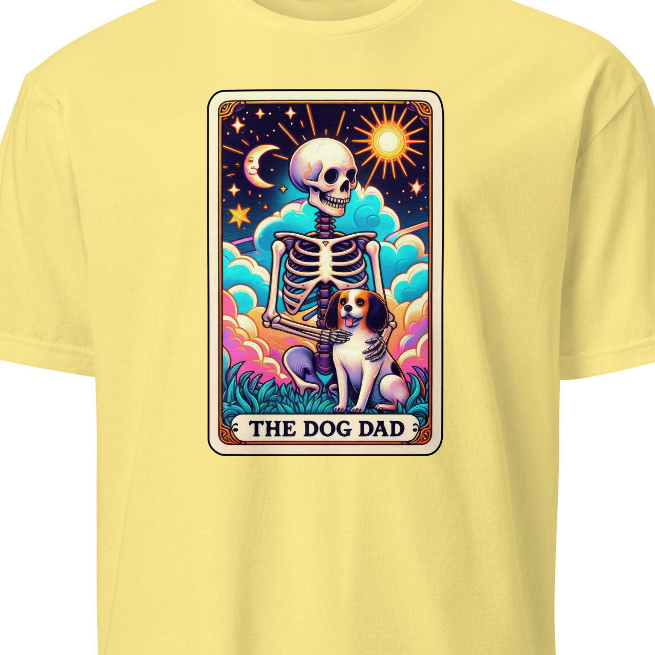 Yellow t-shirt with a graphic of a skeleton and dog labeled 'The Dog Dad' 