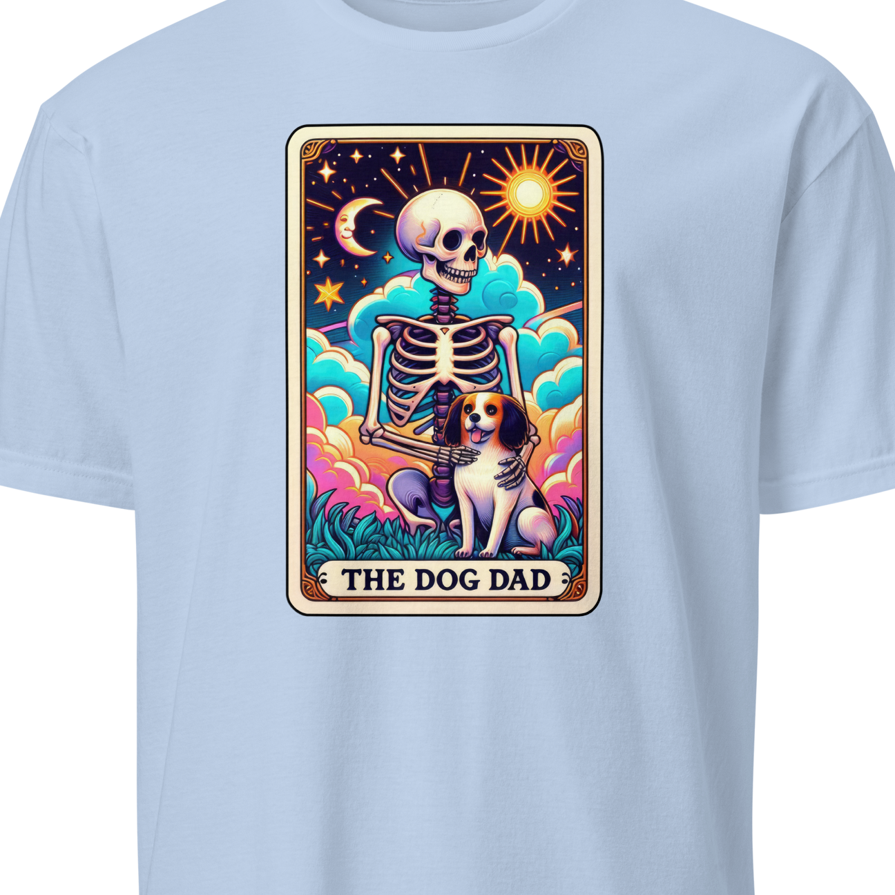 Light blue t-shirt with a graphic of a skeleton and dog labeled 'The Dog Dad' 
