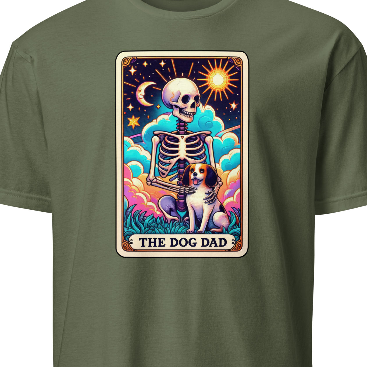 Green t-shirt with 'The Dog Dad' graphic design featuring a skeleton and dog 