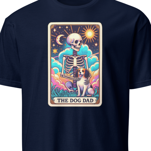 Navy blue t-shirt with 'The Dog Dad' graphic design featuring a skeleton and dog