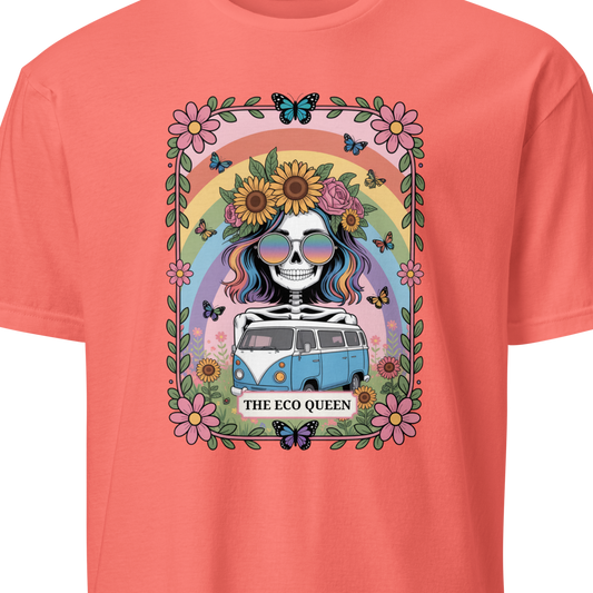 Coral t-shirt with a colorful graphic of a skull, flowers, and a van 