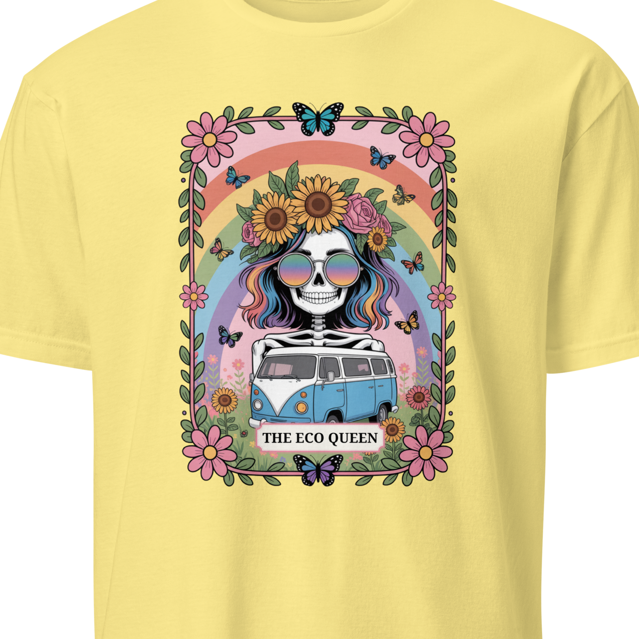 Yellow t-shirt with a colorful graphic of a skull, flowers, and a van