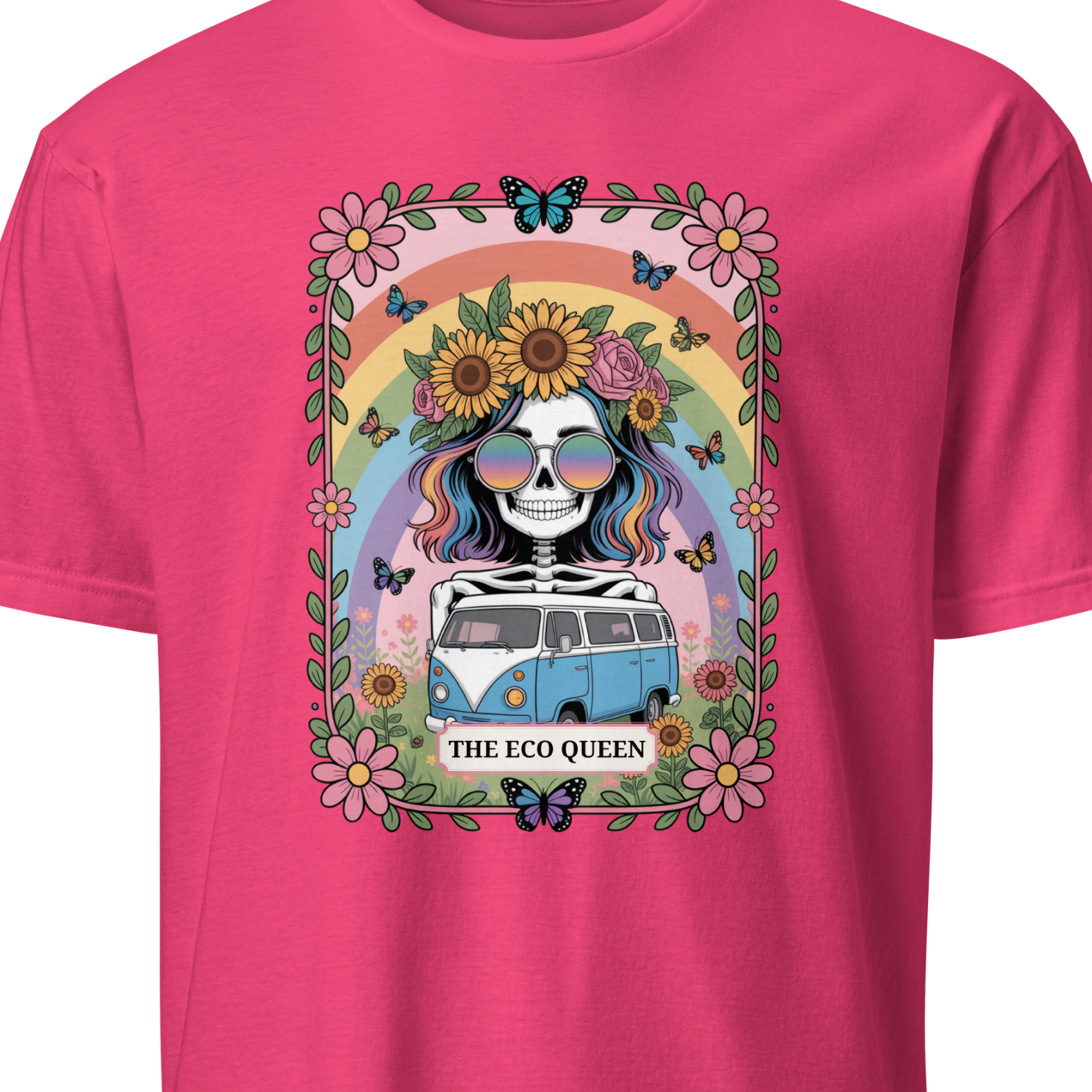 Pink t-shirt with a colorful graphic of a skull, flowers, and a van 