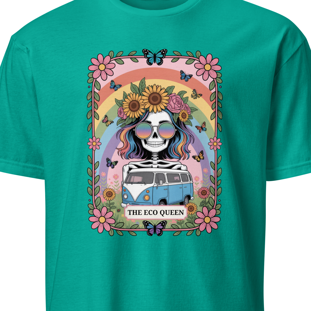 Teal t-shirt with a colorful graphic of a van and flowers on a white background