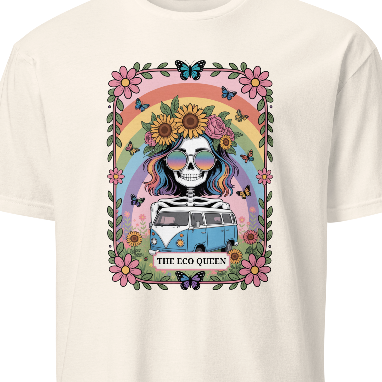 White t-shirt with a colorful graphic of a skull, flowers, and a van