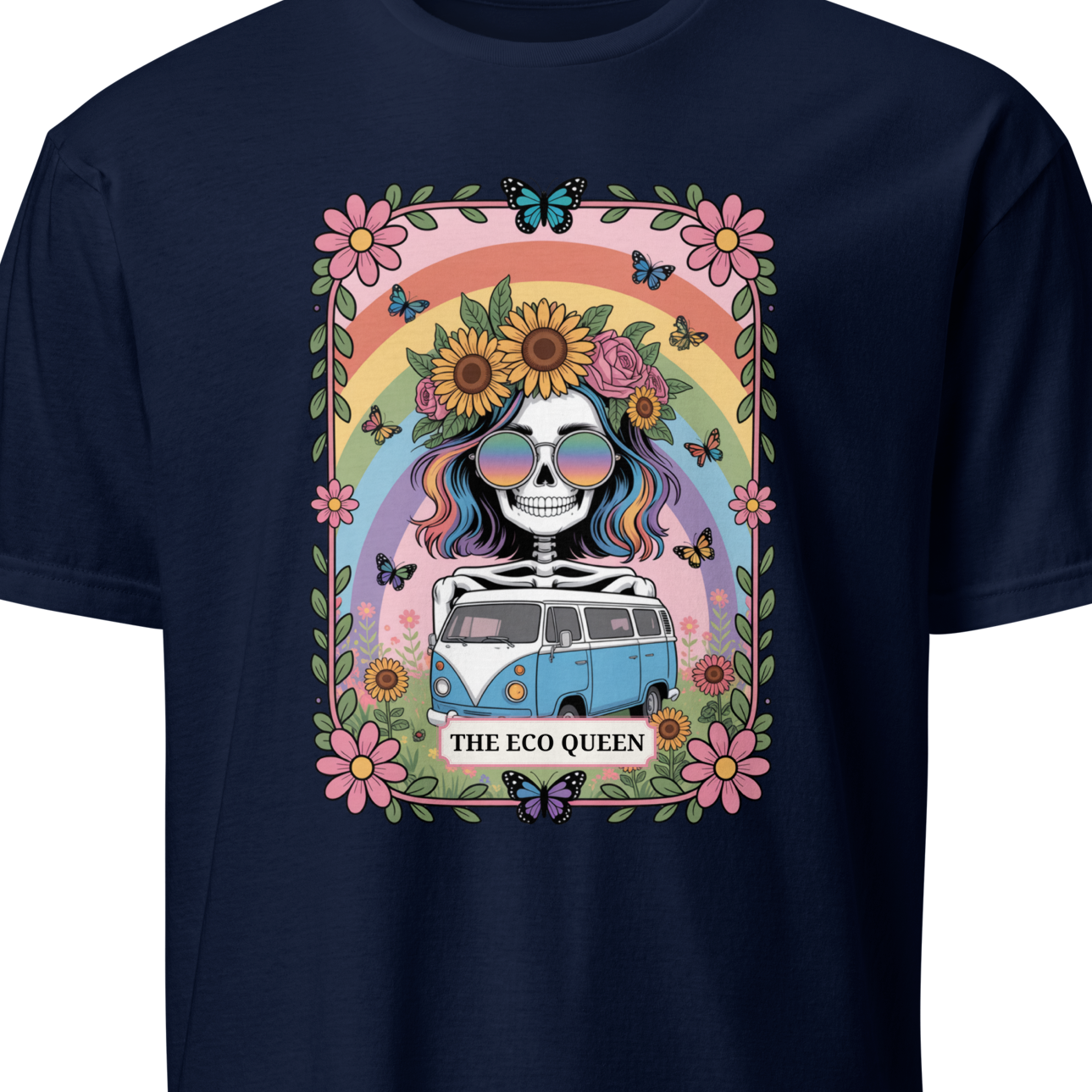 Navy blue t-shirt with a colorful graphic design featuring a van and floral elements 