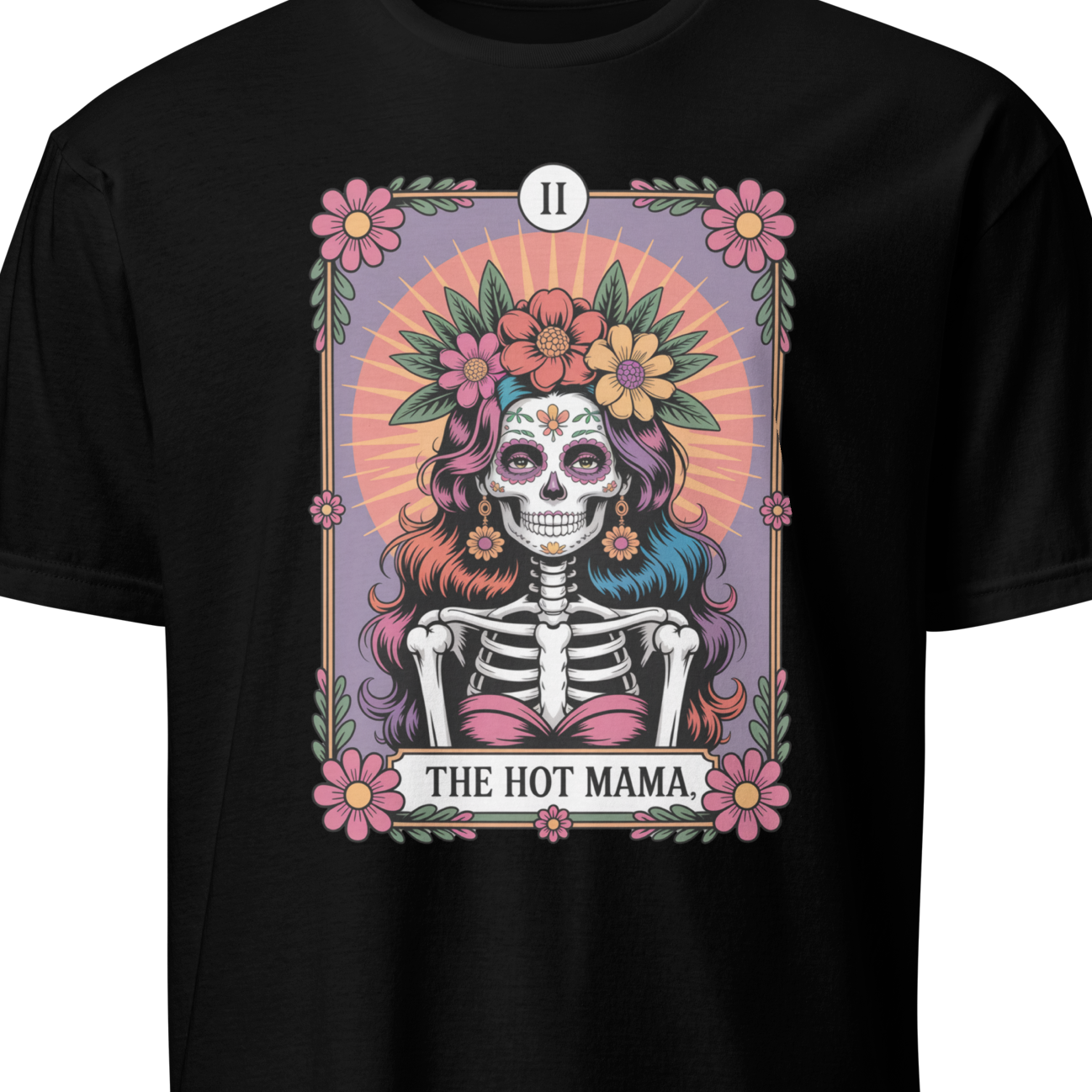 Black t-shirt with a colorful graphic of a skeleton and flowers 