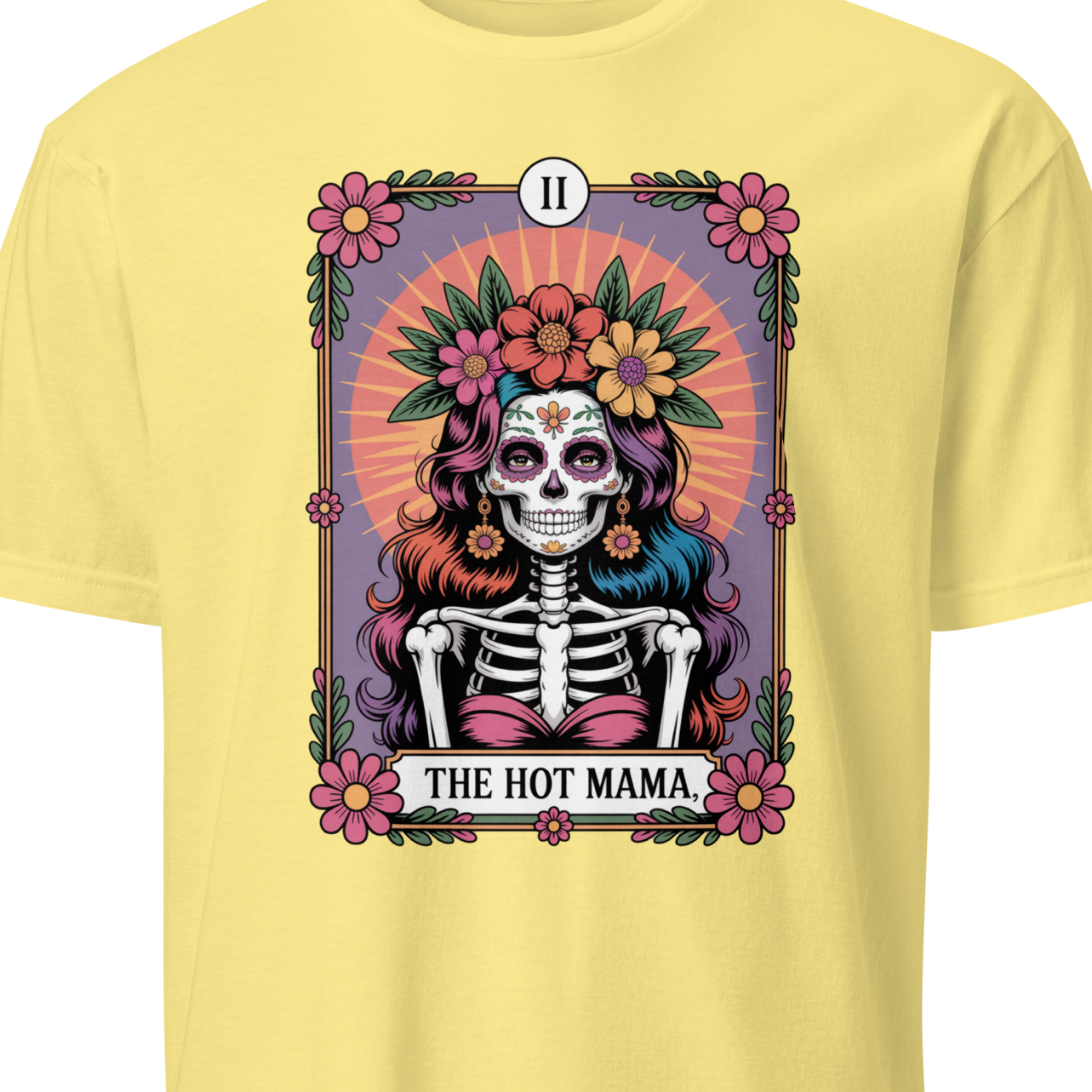 Yellow t-shirt with a colorful skeleton design and 'The Hot Mama' text 