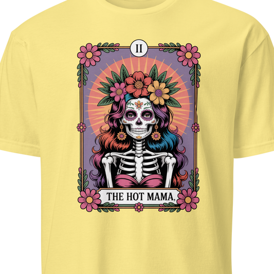 Yellow t-shirt with a colorful skeleton design and 'The Hot Mama' text 