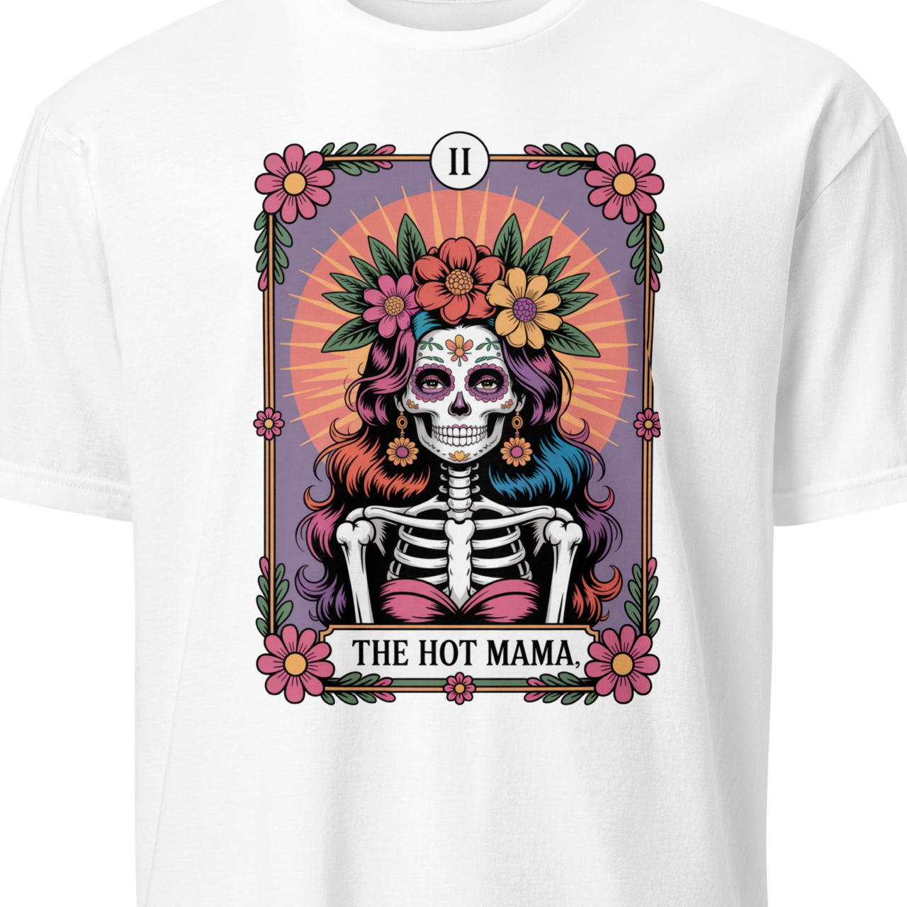 White t-shirt with a colorful graphic of a skeleton and flowers 