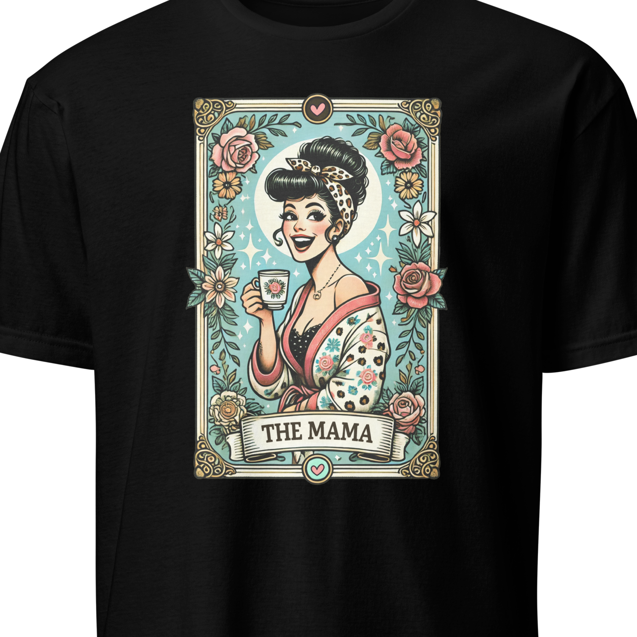 Black t-shirt with a graphic design of a woman holding a cup and 'The Mama' text 