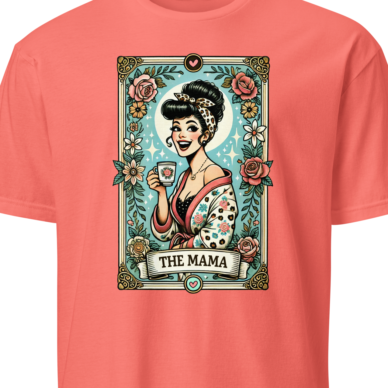 Coral t-shirt with a graphic design of a woman holding a cup and 'The Mama' text 