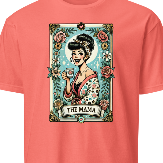 Coral t-shirt with a graphic design of a woman holding a cup and 'The Mama' text 