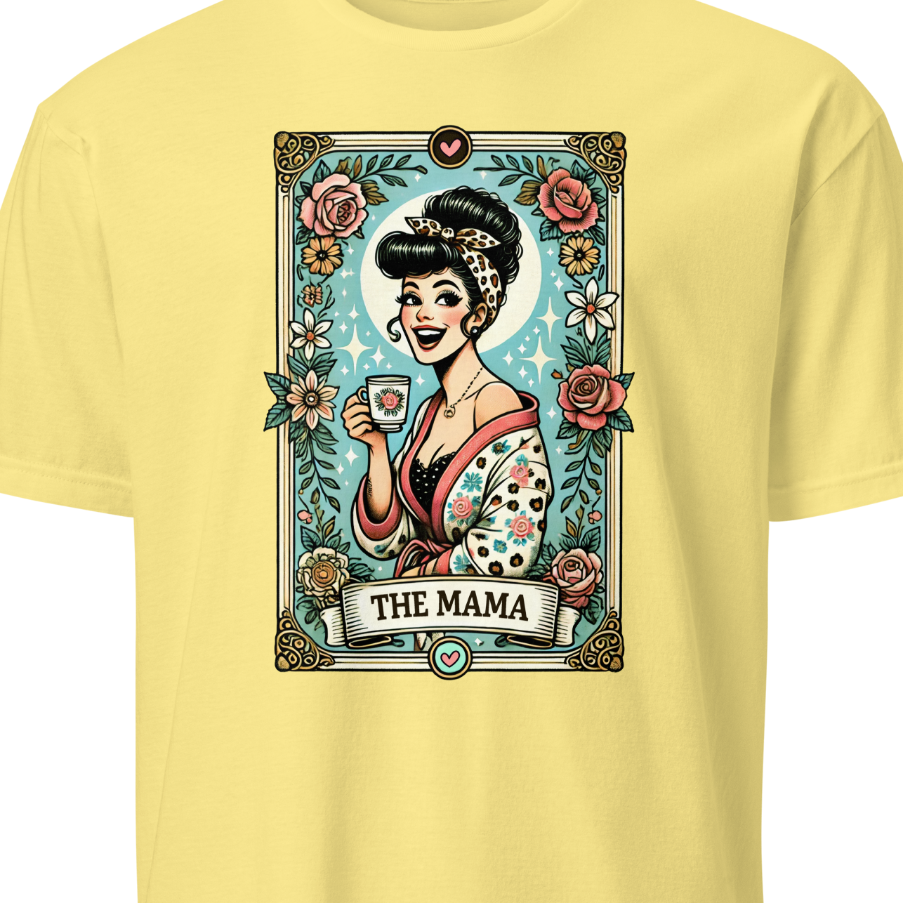 Yellow t-shirt with a graphic design of a woman holding a cup and saucer, surrounded by flowers.