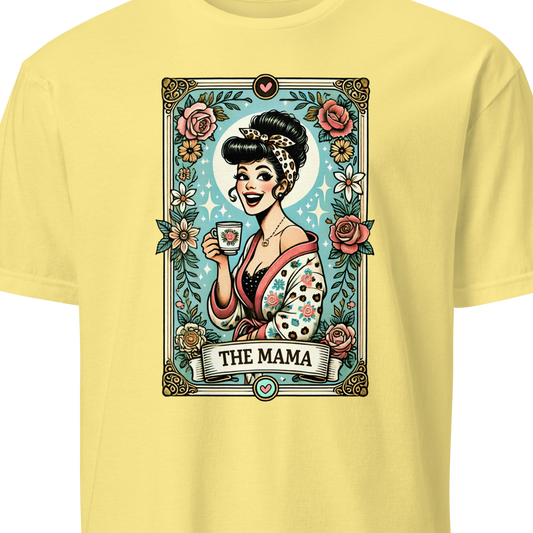 Yellow t-shirt with a graphic design of a woman holding a cup and saucer, surrounded by flowers.
