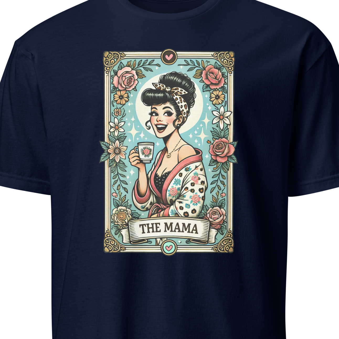 Navy blue t-shirt with a graphic design of a woman holding a cup and saucer, surrounded by flowers.