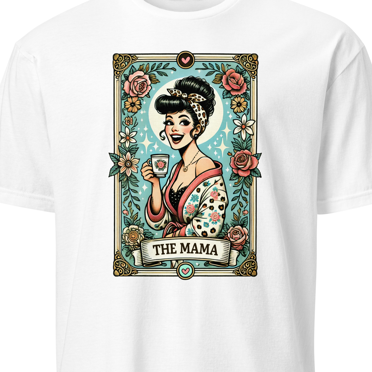 White t-shirt with a graphic design of a woman holding a cup and saucer, surrounded by flowers.