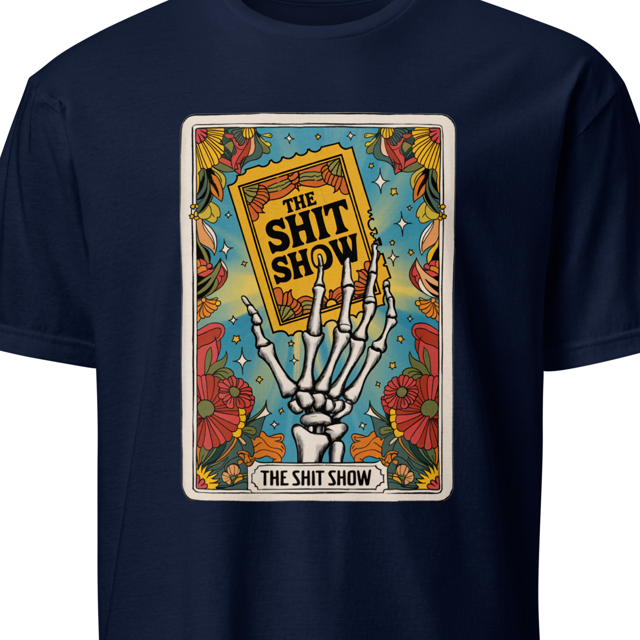 Navy blue t-shirt with a graphic design of a skeleton hand holding a book titled 'The Shit Show' 