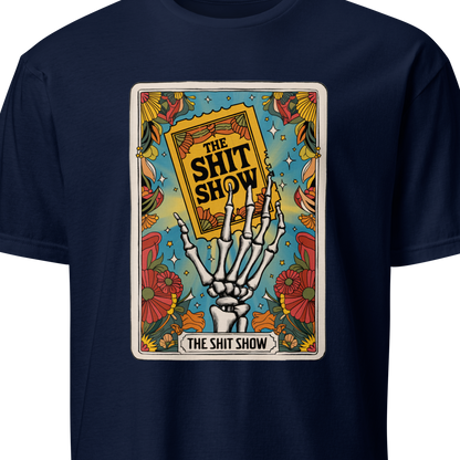 Navy blue t-shirt with a graphic design of a skeleton hand holding a book titled 'The Shit Show' 