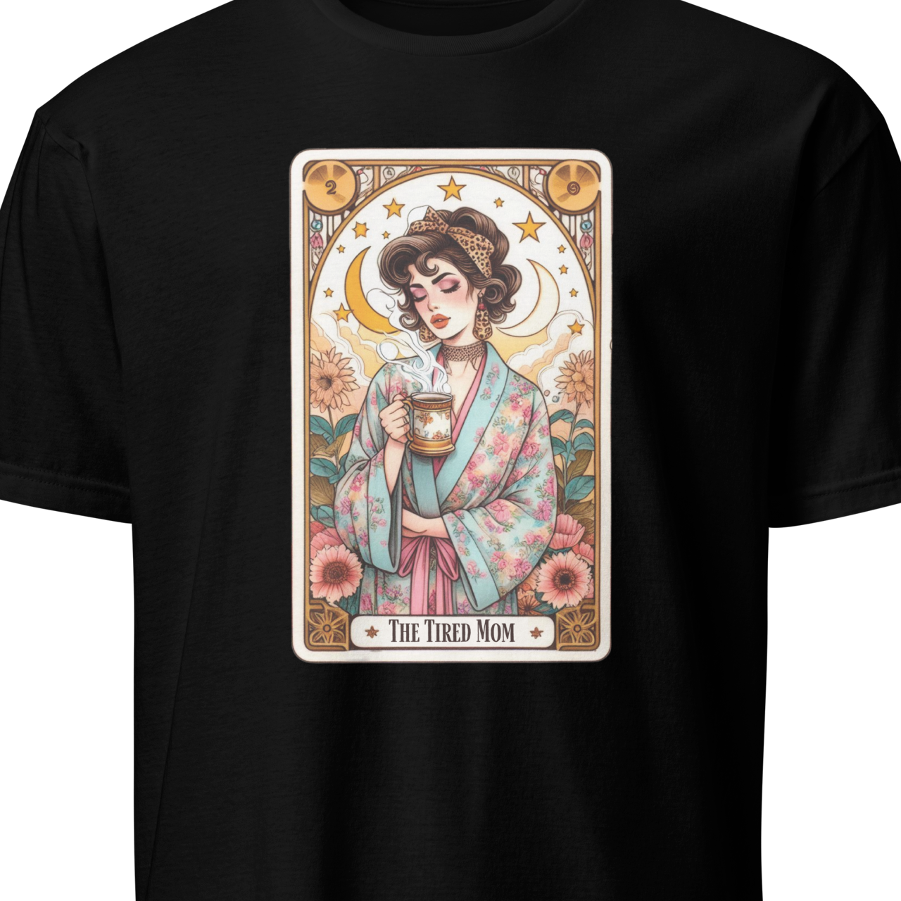 Black t-shirt with a tarot card-style graphic of a woman holding a cup 
