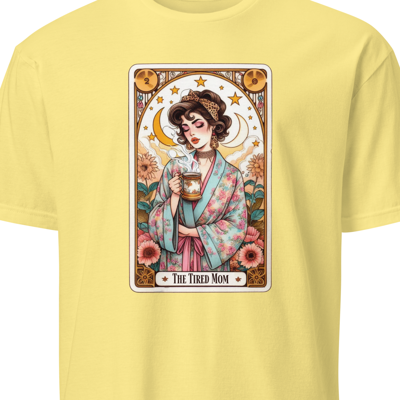 Yellow t-shirt with a tarot card-style graphic of a woman holding a mug 
