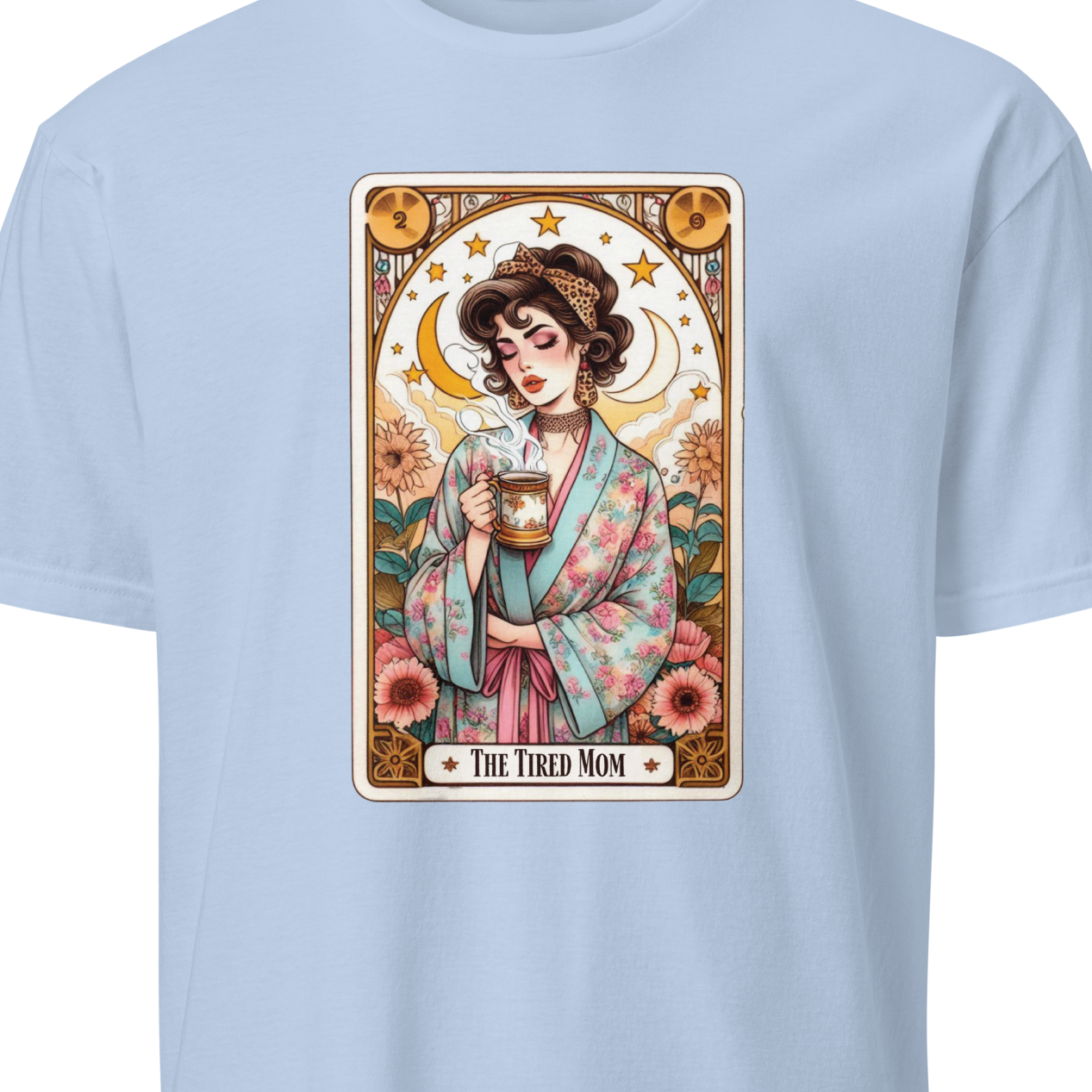 Light blue t-shirt with a graphic of 'The Tired Mom' tarot card design