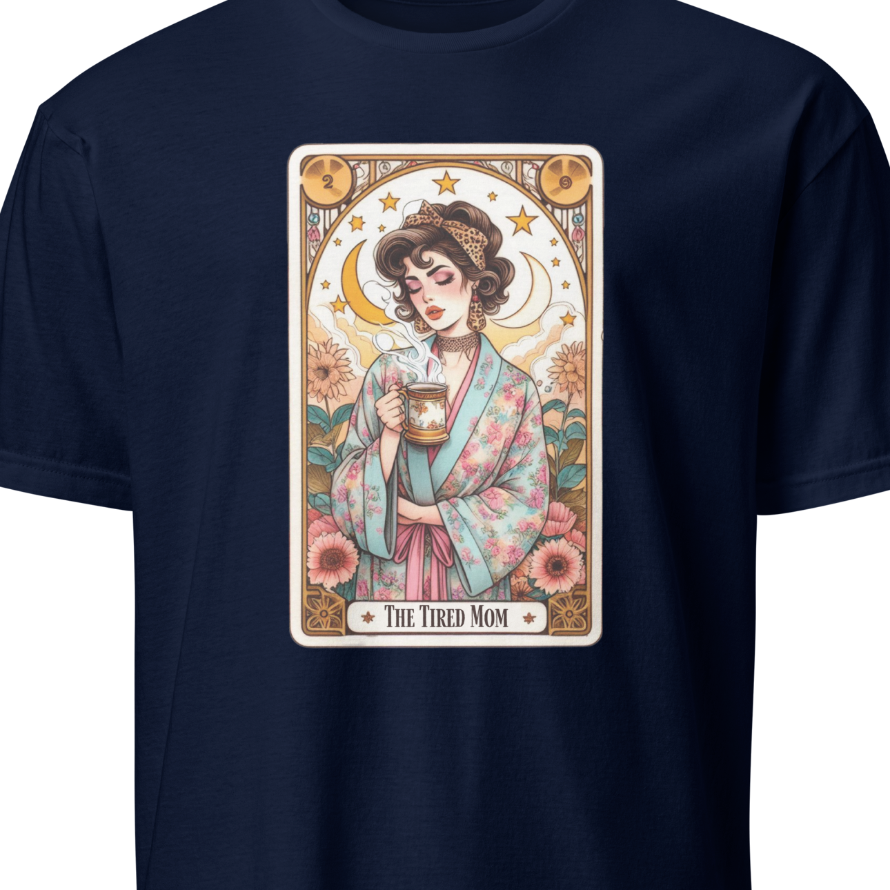 Navy blue t-shirt with a tarot card-style graphic of a woman holding a cup