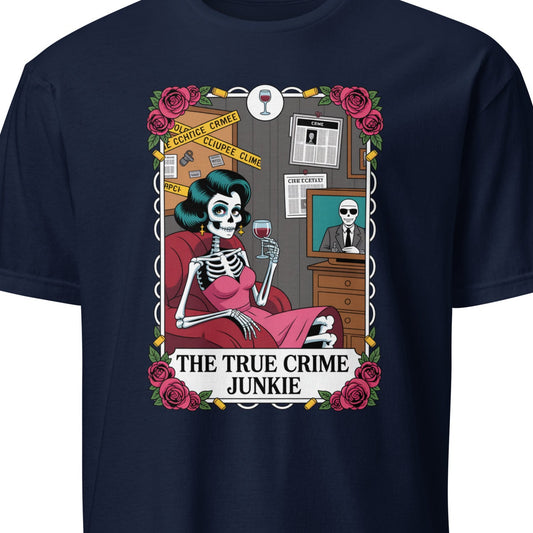 Navy blue t-shirt with a graphic design of a skeleton and text 'The True Crime Junkie' 