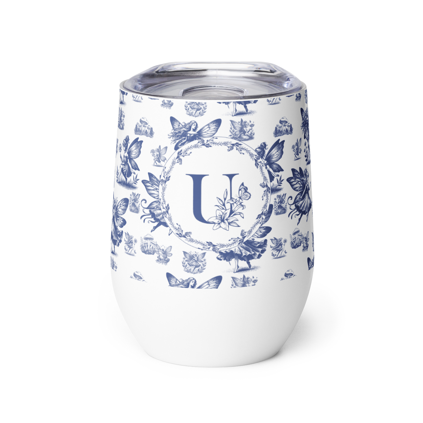 White tumbler with blue floral pattern and letter 'U' on a white background