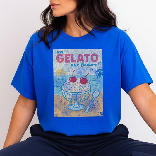 Person wearing a blue t-shirt with a gelato illustration and text.