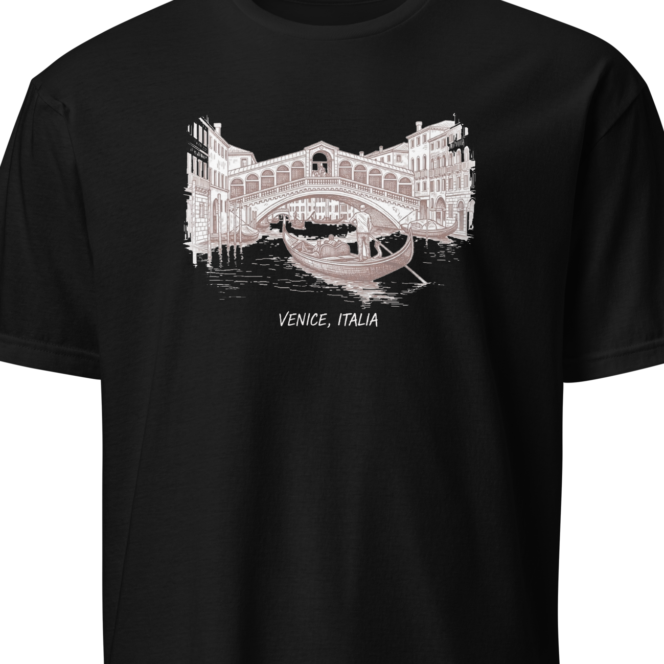 Black t-shirt with a graphic of the Rialto Bridge in Venice, Italy.