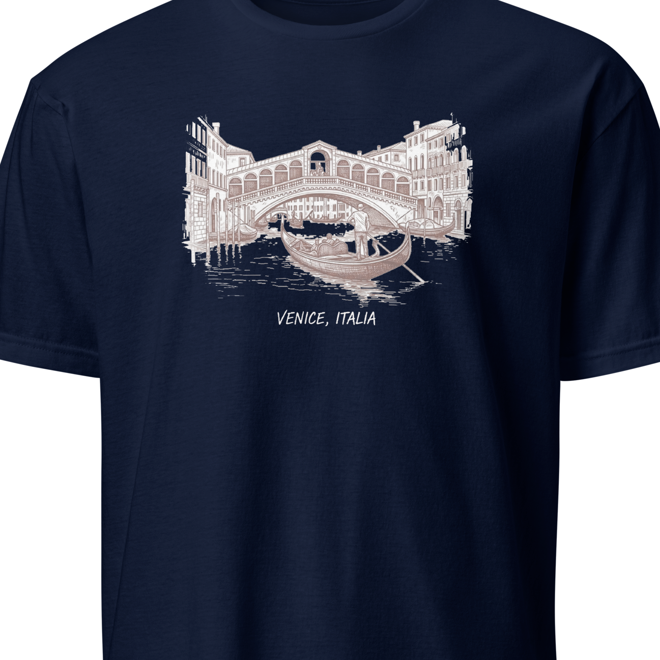 Navy blue t-shirt with a bridge and gondola design and 'Venice, Italia' text on a white background