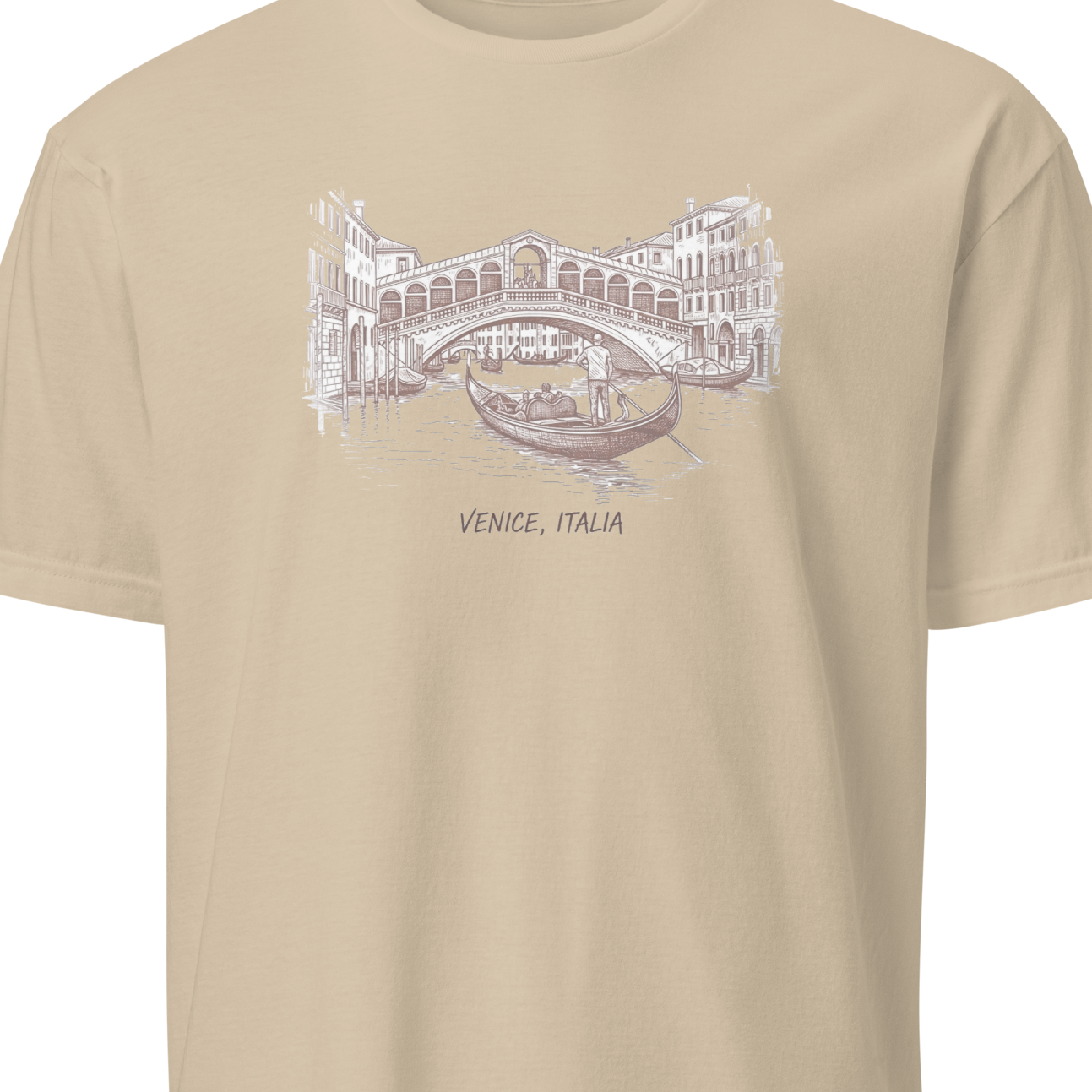 Beige t-shirt with a graphic of a bridge and gondola, labeled 'Venice, Italia', on a white background.